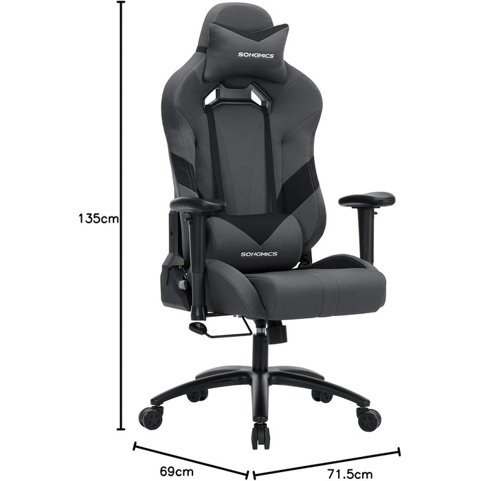 Офісне крісло Songmics, ігрове крісло, ергономічне крісло керівника з регульованими підлокітниками, підголівником та поперековою подушкою, 66 x 72 x 124-132 см, сіро-чорне, RCG13G, сірий чорний