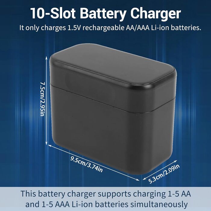 Слотовий літій-іонний зарядний пристрій для акумуляторів типу AA/AAA (1,5 В) Автоматичне виявлення та активація при 0 В Незалежні зарядні станції (350 мАг/200 мАг) Компактний та роз&39єм Type-C (чорний), 10-