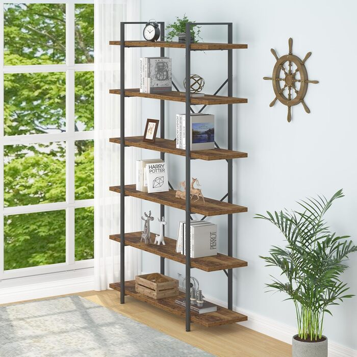 Дерев&39яна книжкова полиця HSH, 6-ярусна окремостояча полиця, промисловий дизайн офісної полиці, відкриті полиці для вітальні, офісу, спальні, кухні, рустикальний коричневий колір, 120 x 32 x 216 см, 6 ярусів