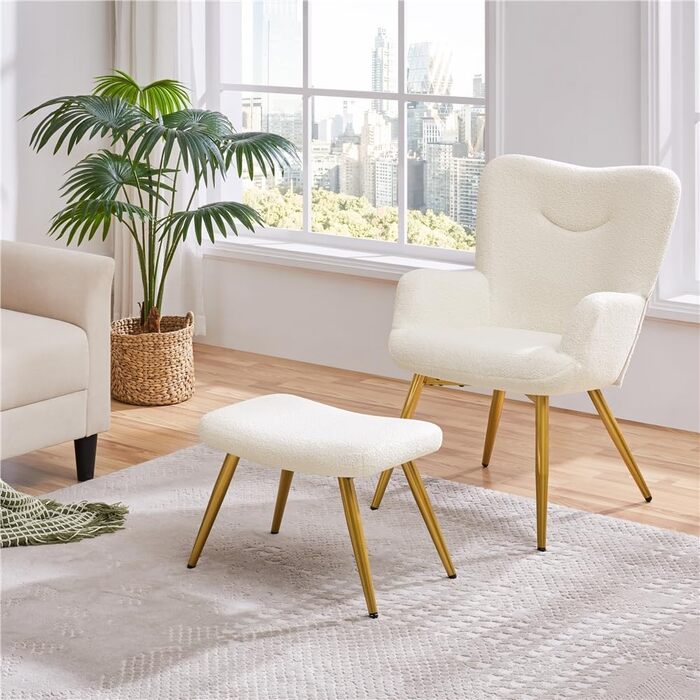 Крісло-крило Yaheetech з пуфом для ніг з тканини букле, реклайнер з підставкою для ніг, шезлонг зі складною спинкою, крісло під телевізор для вітальні/спальні кольору слонової кістки