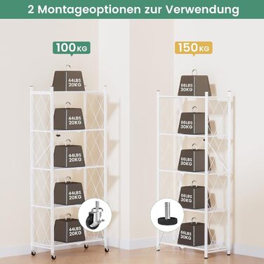 Складана полиця ALANNG на колесах - Окремостояча полиця з 5 полицями, Металева книжкова полиця - Міцна та без складання - Для кухні, вітальні, підвалу, офісу - Біла 154 x 62 x 29,5 см