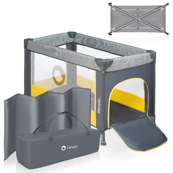 Дитяче ліжечко Lionelo Stefi, Дорожнє ліжечко від народження до 15 кг, Бічний вхід, Система безпеки LockGuard, Блокування коліс, Сумка для перенесення, Складане, Жовте