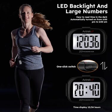 Крокомір AVTREK Precision 3D для ходьби, великий екран, цифри, крокомір, для бігу, з дисплеєм часу та світлодіодним підсвічуванням (чорний)