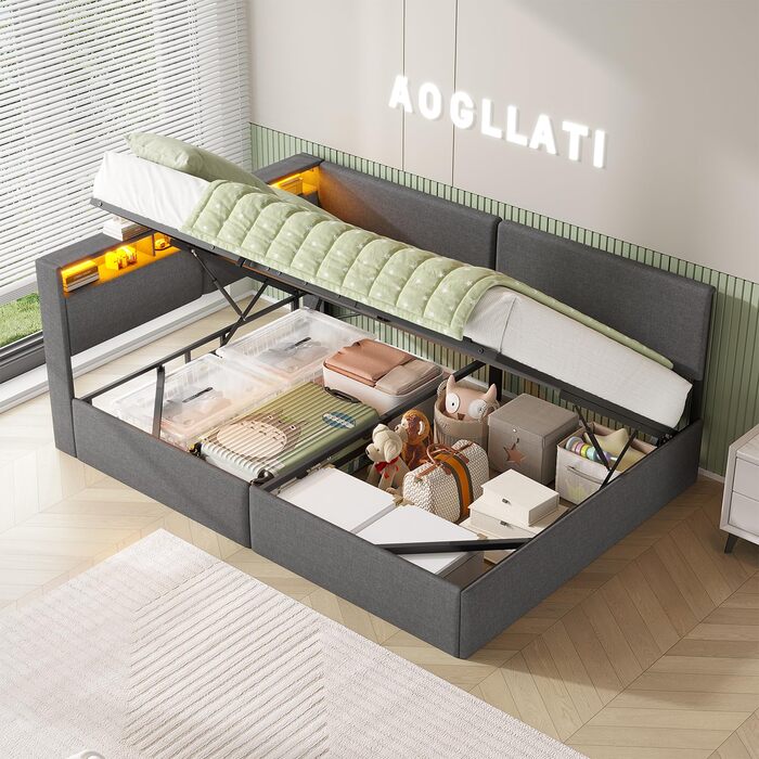 М&39яке ліжко-диван-ліжко 140x200 з USB-розетками та гідравлічним відділенням для зберігання, Ліжка 140x200 зі світлодіодним узголів&39ям та рейковою основою, Дитяче ліжко-кушетка, Двоспальне ліжко, Льняне, Темно-сірий (без матраца) 140 x 200 см Темно-сір