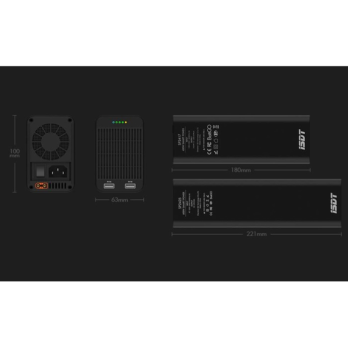 Портативний блок живлення ISDT, накопичувач енергії, 400 Вт, 17 А, генератор акумуляторів, 240 В змінного струму, 1 порт постійного струму та 2 USB-виходи для заряджання, для подорожей, кемпінгу, екстреного використання з літій-/літій-полімерними/літій-іо