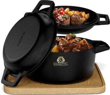 Чавунна каструля KAISERTAL - каструля 2в1 з кришкою 4,8 л та чавунна сковорода 1,8 л - чавунна жаровня з кришкою індукційна - чаву