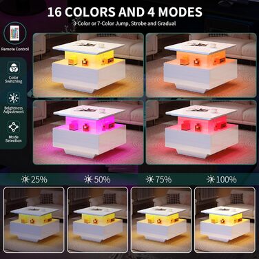 Журнальний столик з регульованою висотою та світлодіодним освітленням, сучасний, 60x60x45 см, глянцевий стіл для вітальні з відкритою полицею та 2 шухлядами, білий