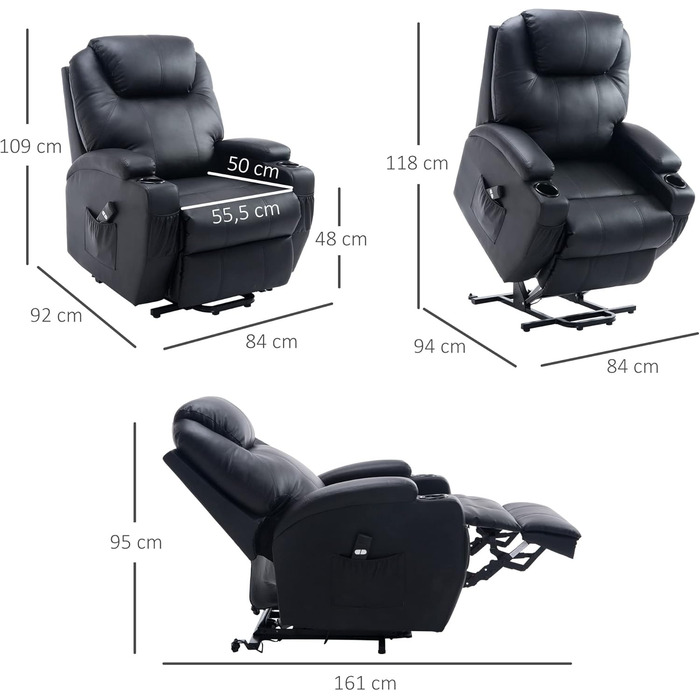 Електричне крісло-реклайнер HOMCOM з підйомником, розкладне крісло з пультом дистанційного керування, підстаканник, бічна кишеня, підставка для ніг, штучна шкіра, чорний колір