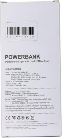 Зовнішній акумулятор мобільного телефону - 22.5W Powerbank USB C Вхід і вихід PD3.0 QC4.0 Функція швидкої зарядки смартфонів, планшетів і т.д., 20000mAh