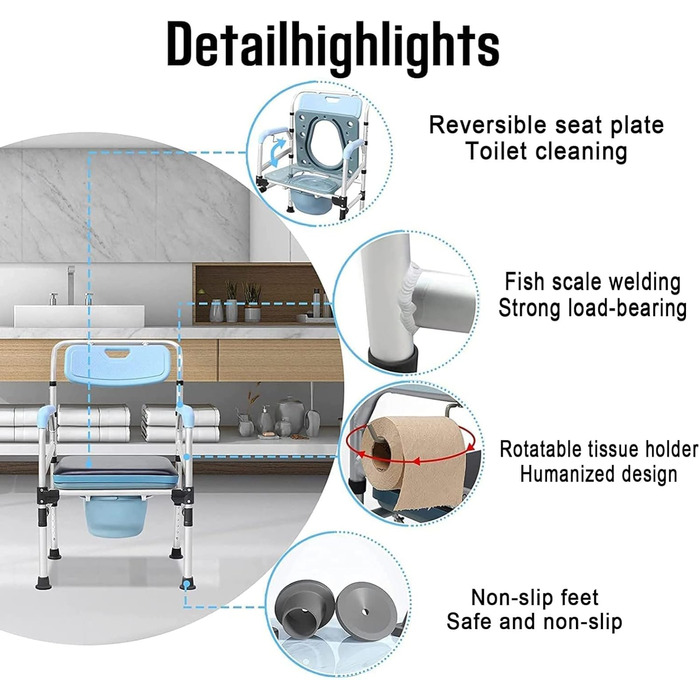 Регульований по висоті туалетний стілець з підлокітником, спинкою та туалетним відром, нековзний, портативний табурет для унітазу, приліжковий туалетний стілець для дорослих з регульованим туалетним стільцем