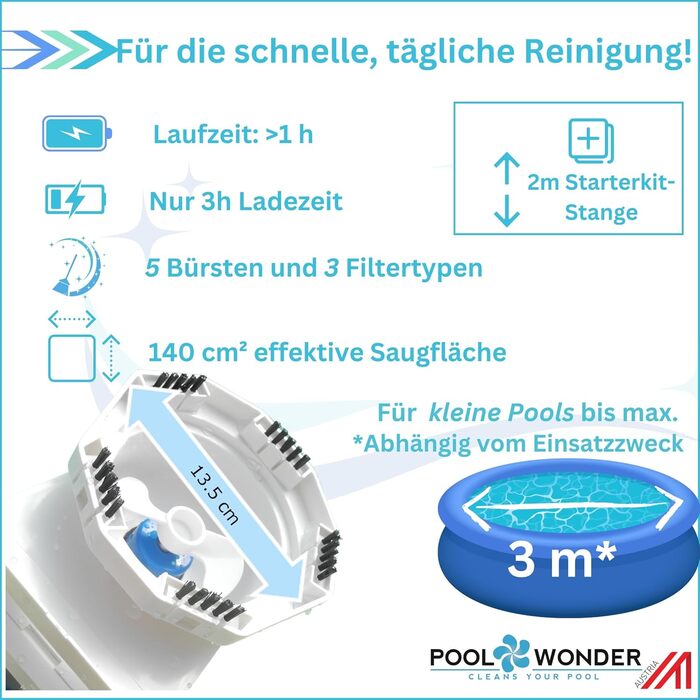 Пилосос для басейну з літій-іонним акумулятором Poolwonder V2. Зроблено в Австрії.