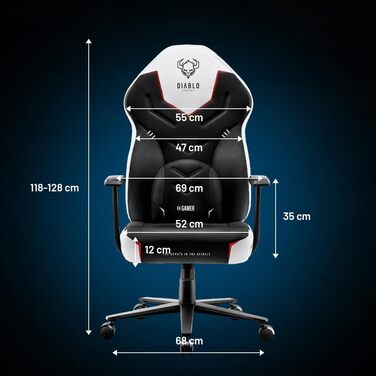 Геймерське крісло Diablo X-Gamer 2.0, офісне крісло, тканинний чохол, ергономічний дизайн, поперекова подушка, м&39яка накладка (чорно-білий), чорно-білий, 128 см x 68 см x 55 см