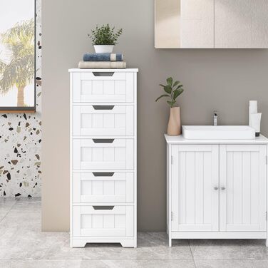 Вузька шафка для ванної кімнати заввишки 102 см, бічна шафка завширшки 40 см з 5 шухлядами, для ванної кімнати, коридору, вітальні, їдальні, 40x30x102 см (ШxГxВ), білий