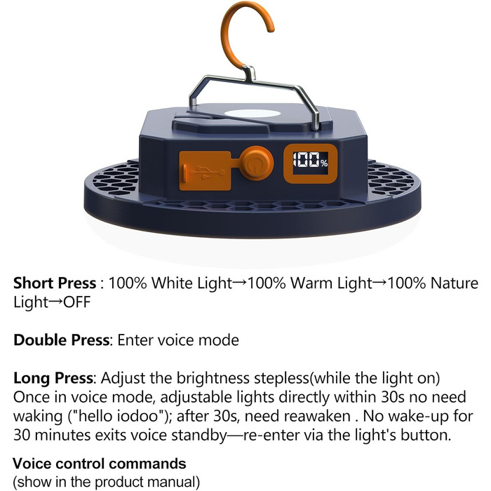 Акумуляторний кемпінговий ліхтар з голосовим керуванням, 10000 мАг, 3000 лм, 4 режими світла, портативне вуличне освітлення з голосовим керуванням, водонепроникні ліхтарі для намету (IPX4).