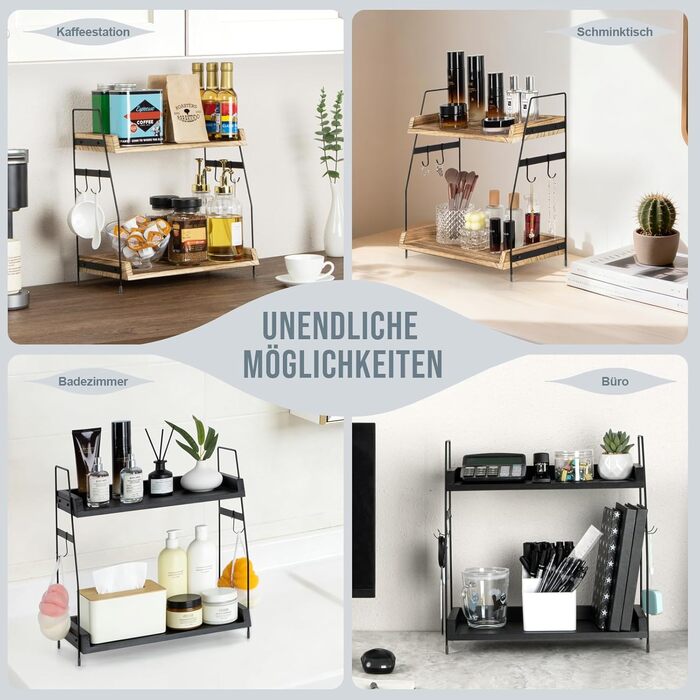 Кухонна полиця PUERSI, 2-рівневий органайзер для кави, дерев&39яний органайзер з гачками, кухонна полиця, підставка для спецій, органайзер для кухонних шаф - чорний