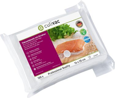 Вакуумні пакети culivac 100 вакуумні пакети 16x25 см преміум, пакети з фольги для кожного ущільнювача фольги вакуумний пакувальник, вакуумний пакувальник 'professional sous vide, зроблено в Німеччині, без BPA 16 x 25 см 100 пакетів прозорий
