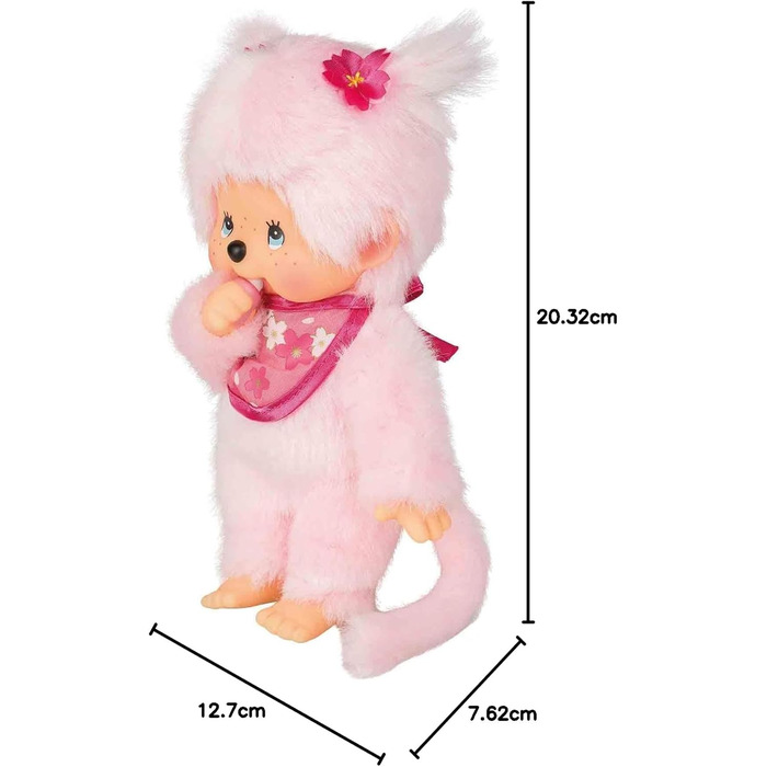 Оригінальна лялька Monchhichi Вишня в цвіту, плюшева фігурка з нагрудником та косичками з квітами, м'яка іграшка рожевого кольору, приблизно 20 см, 767020 -