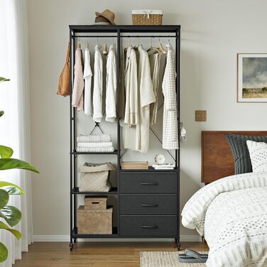 Штанга для одягу, міцна, для шафи - окремостояча портативна шафа-гардероба з колесами, дерев&39яною стільницею, сталевим каркасом, тканинними висувними ящиками та регульованими полицями, чорна