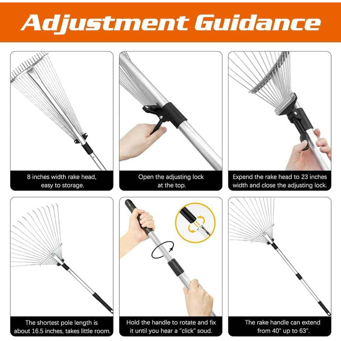Розширений садовий граблі-віяло 22-44 см з регульованою металевою ручкою 2.15 м та рукавичками, граблі для листя, металеві граблі-віяло, граблі для прибирання листя, трави та двору