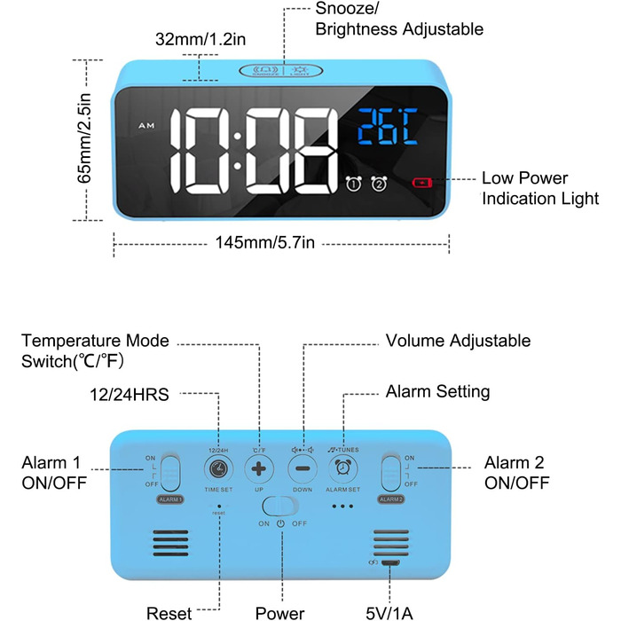 Цифровий будильник LATEC з великим світлодіодним дисплеєм температури, настільний годинник з 10 музикою, USB-порт для зарядки, 4 регульовані яскравість і гучність, відкладення, портативний дзеркальний будильник з 2 будильниками, 12/24HR (синій)