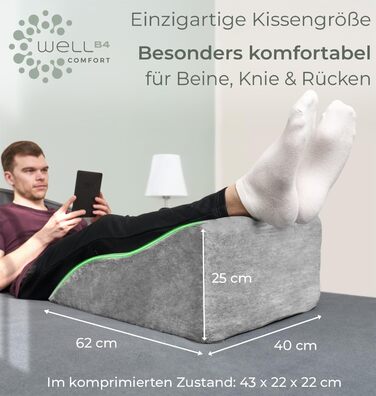 Ергономічна подушка для підняття ніг - опора для ніг - подушка для підняття ніг - клиноподібна подушка, опорна подушка для ніг та колін, ідеально підходить як лімфодренажна подушка та венозний клин для обох ніг, сіра, висока