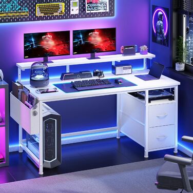 Письмовий стіл 120x48 см з 2 шухлядами, пропонує місце для зберігання, комп&39ютерний стіл, ігровий стіл з підставкою для монітора, 2 гачки для зберігання, відділення для організації кабелів, підходить для працівників з дому та геймерів, білий 120x48 см