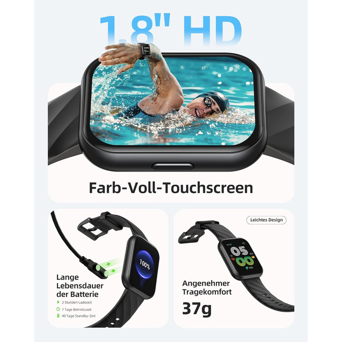 Розумний годинник Parsonver для жінок та чоловіків, водонепроникний плавальний годинник 5ATM, 1,8-дюймовий HD-екран для фітнесу з понад 100 спортивними режимами, відстеженням серцевого ритму та сну, розумний годинник для Android та iOS, чорний