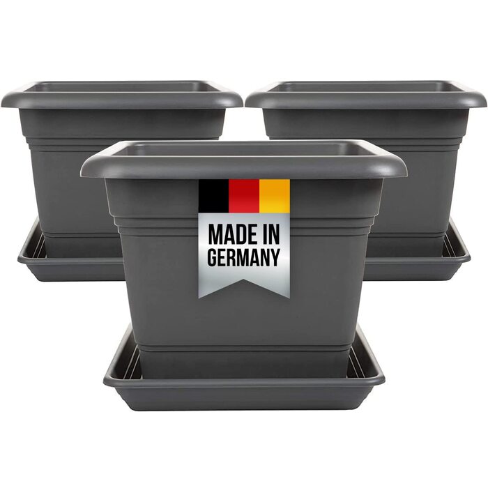 Набір із 3 великих квадратних квіткових горщиків з блюдцями, 28x28 см, великі вуличні кашпо, горщики для помідорів, квіткові горщики, горщики для рослин, квіткові горщики, горщики для рослин, Зроблено в Німеччині, Антрацит, Модель Ago