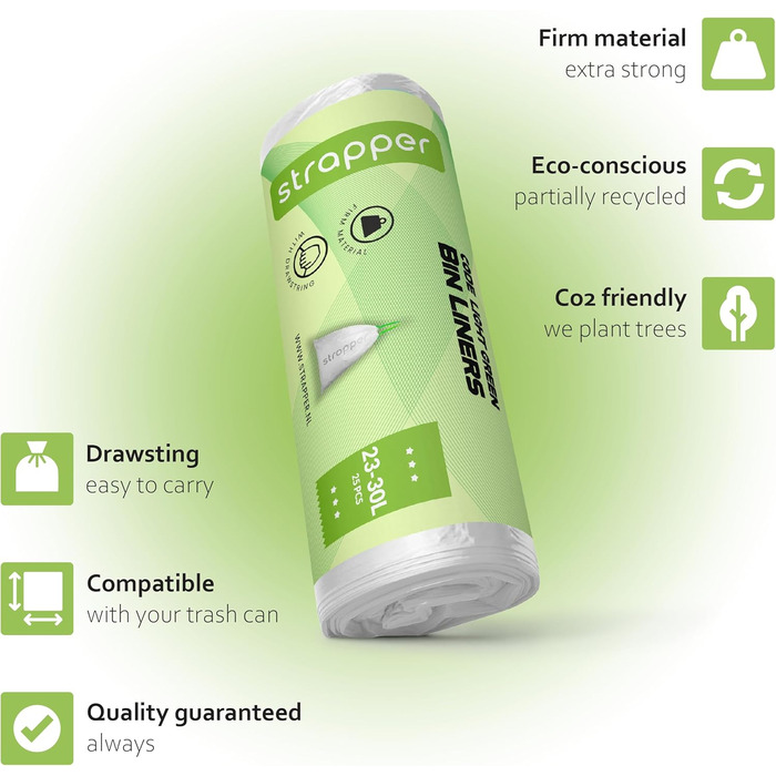 Сміттєві пакети Strapper 125 світло-зелені Підходять для сміттєвих баків Brabantia з кодом G та сміттєвих баків Simplehuman з кодом D 23-30 літрів світло-зелені - 23-30 л 125 шт. (1 упаковка)