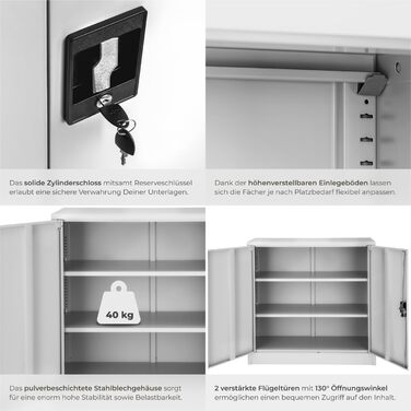 Картотечна шафа, що замикається, металева шафа з циліндричним замком безпеки, офісна шафа, що замикається, багатоцільова сталева шафа, 3 полиці з регульованою висотою, 90 x 40 x 90 см - сірий