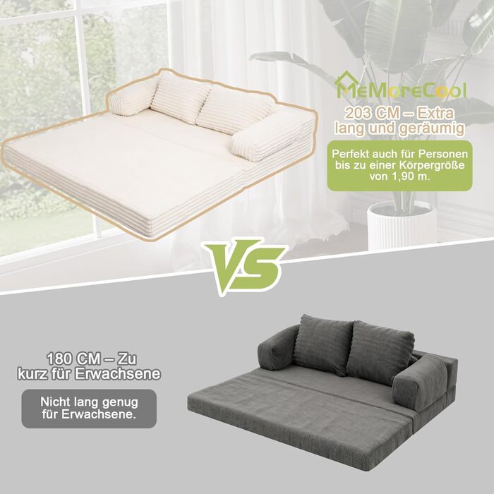 Розкладний диван-ліжко MeMoreCool Cord, зручний розкладний диван із функцією сну, безкістковий диван із подушками для спальні, вітальні та невеликих приміщень, компресійний диван-ліжко 3-в-1, бежевий