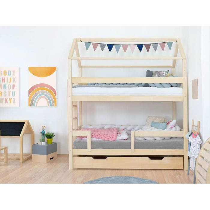 Набір Будинок двоярусне ліжко Monty 90x200 см з дерев'яною шухлядою Buddy 90x180 см на колесах Прозоре восковане ліжко будиночок з