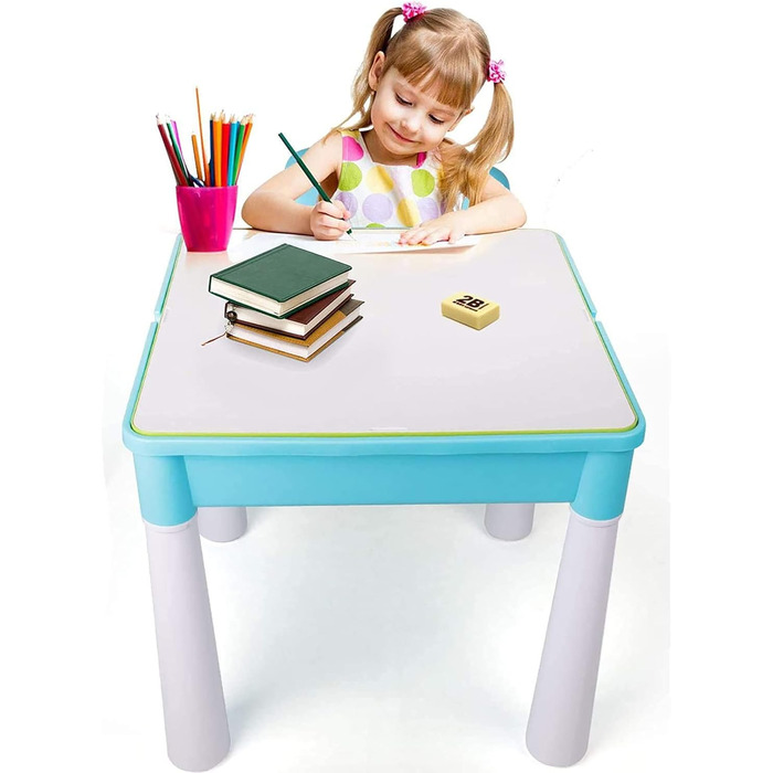 Дитячий ігровий набір burgkidz 5-в-1 - 128 елементів, сумісний з іграшками-конструкторами, ігровий стіл включає 1 стілець та стіл із будівельних блоків із місцем для зберігання, зелена основа/синій колір