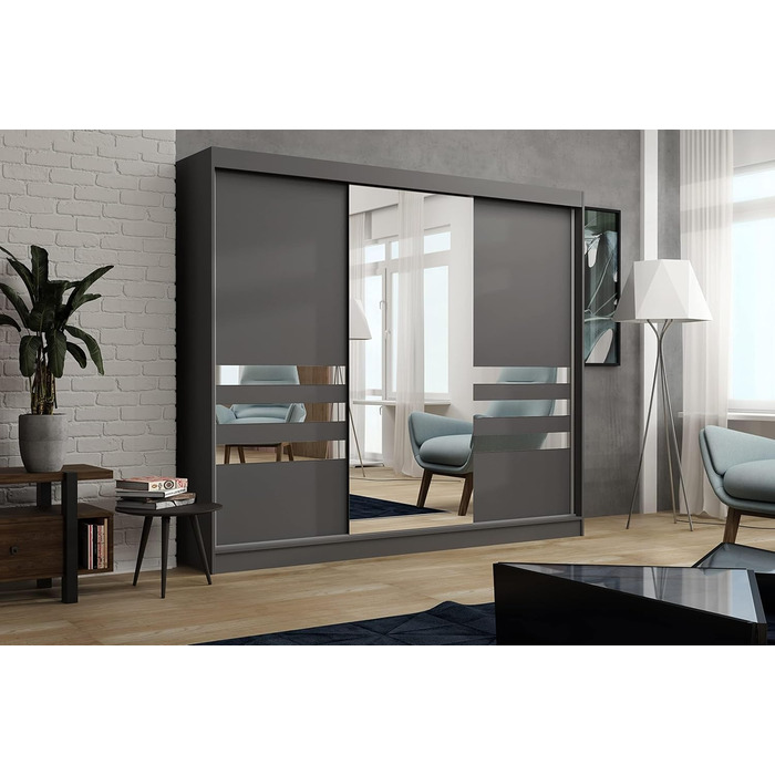 Брент - Шафа з дзеркалом Henry, ширина 250 см, шафа для спальні з 1 рейкою для одягу та полицями для одягу, шафа сірого кольору 250 см сірого кольору