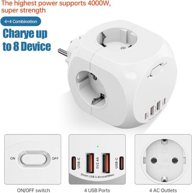 Розетка з USB, розетка з вимикачем, подовжувач на 8 розеток N 1, куб з 2 розетками USB-C, адаптер для домашнього офісу з кубом роз