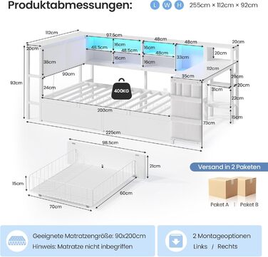 Диван-ліжко зі світлодіодним освітленням та зарядною станцією, дитяче ліжко 90x200 см зі столиком 35x112 см та двома великими шухлядами, ліжко 90x200 з кушеткою та м&39яким узголів&39ям, білий колір