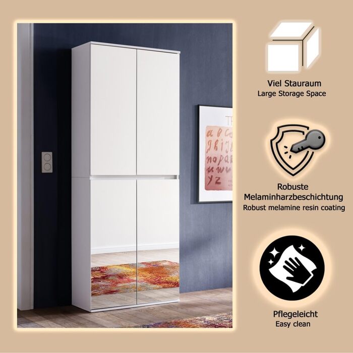 Дзеркало - Шафа - Біла - Багатофункціональна шафа з великою кількістю місця для зберігання - (Ш x В x Г) 74 x 191 x 34 см - анга для одягу та 6 полиць, 4 дверцята