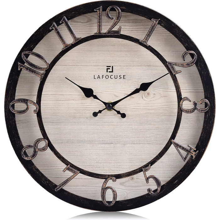 Настінний годинник Lafocuse Vintage безшумний чорний, ретро великі підняті 3D цифри, кантрі стиль безшумний пошарпаний шикарний ан