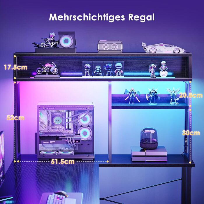 Г-подібний ігровий стіл Coleshome зі світлодіодним підсвічуванням, 130x100 см, кутовий стіл з полицями та кишенями для зберігання, двосторонній ігровий стіл для домашнього офісу та геймерів, чорний