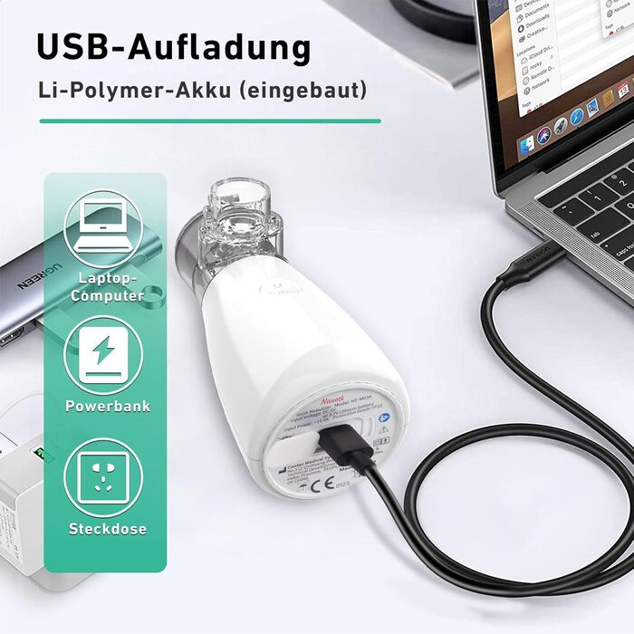 Небулайзер Nauotk Inhaler, портативний інгалятор для дорослих і дітей об'ємом 10 мл безшумний USB-C, що перезаряджається з мундштуком для дому та подорожей, білий