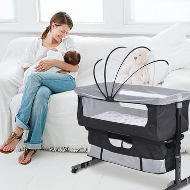 Дитяча колиска LANTUS, люлька, дорожнє ліжечко, складне дитяче ліжечко, бічне ліжко, колиска-гойдалка з функцією гойдання, включаючи москітну сітку, матрац та сумку (92 * 58 * 70-90 см (чорна))