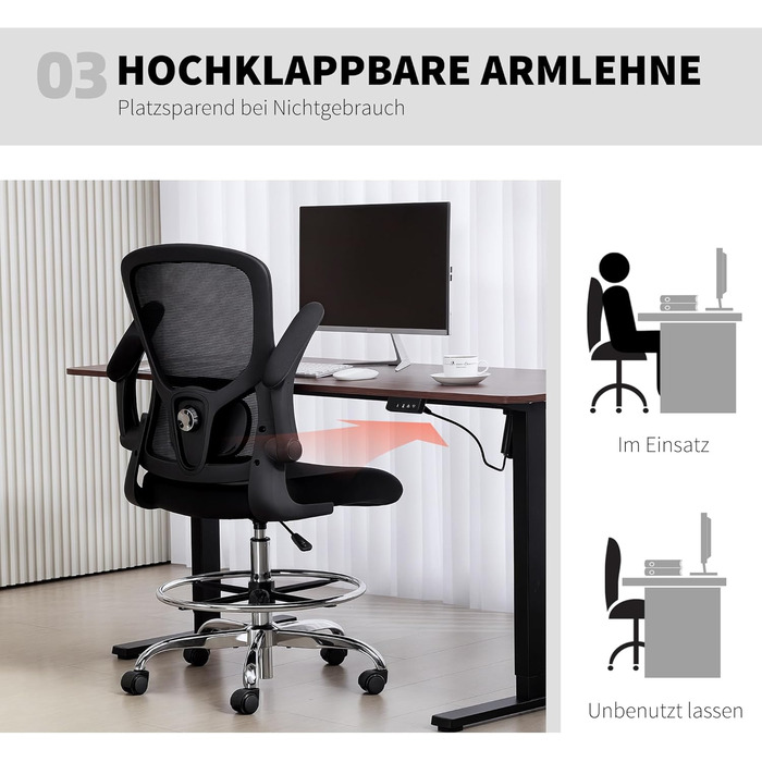 Офісний стілець HOMCOM Ергономічне робоче крісло з відкидними підлокітниками, регульованим кільцем для ніг та 4D поперековою опорою, регульоване за висотою поворотне крісло для малювання з сітчастою тканиною, чорний колір