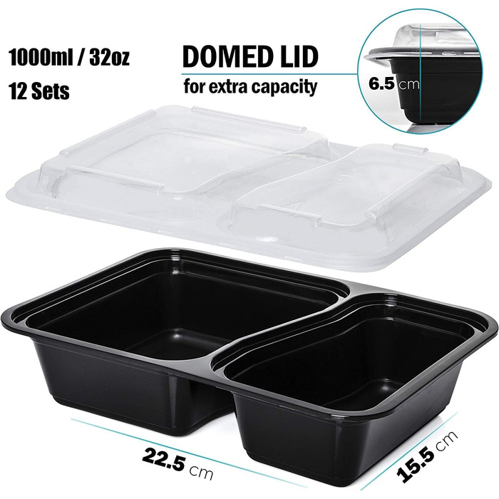 Контейнерів для харчування з кришками, 1000 мл, багаторазові, без BPA. Герметичні ланч-бокси та контейнери для зберігання їжі, придатні для мікрохвильової печі та морозильної камери., 12