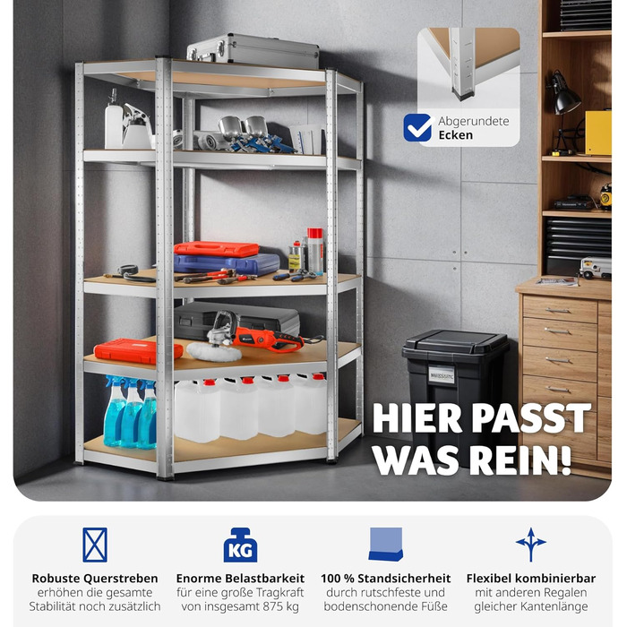 Стелаж для майстерні tectake, міцний кутовий стелаж з 5 полицями, металевий стелаж для зберігання, стелаж для підвалу, аксесуари для гаража, органайзер для складського приміщення, стелаж без болтів, для зберігання, вантажний стелаж - 875 кг, 180 x 89,5 x 