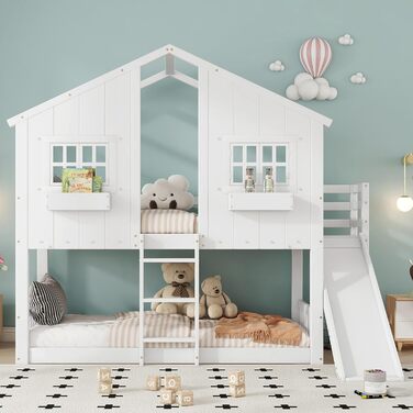 Дитяче двоярусне ліжко 90x200, ліжко-горище, ліжко-будиночок з гіркою, драбиною, вікнами, дахом та ящиком для зберігання, двоярусне ліжко, дерев&39яне ліжко, дитяче ліжко з рейковою основою та поручнями, сосна, без матраца, білий колір