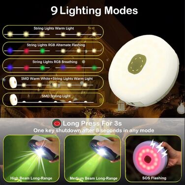 Кемпінгові гірлянди, висувні, портативні акумуляторні світлодіодні гірлянди 3-в-1 з 8 режимами освітлення, водонепроникний кемпінговий ліхтарик для кемпінгу, подвір&39я та походів, USB 1800 мАг, теплий білий RGB, 10 м
