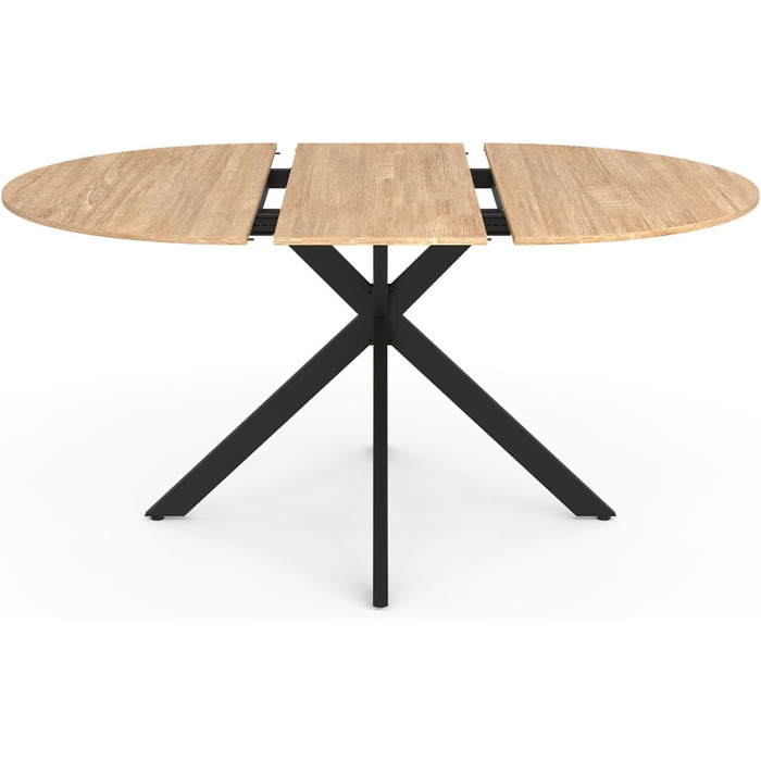 Розкладний круглий обідній стіл ALIX 4-8 персон на ніжках-павуках, дерево та чорний колір, 110-150 см