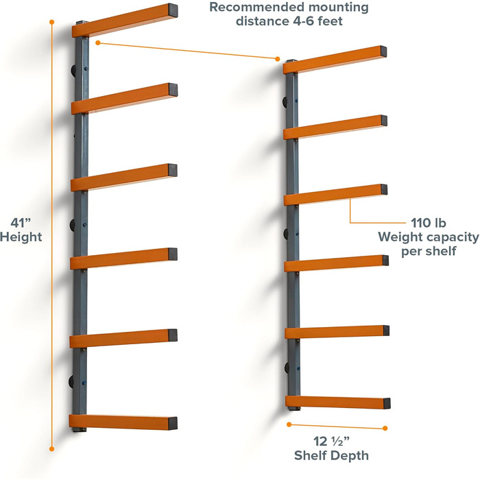 Дерев'яний органайзер Bora та дерев'яна металева полиця для зберігання з 6-рівневим настінним кронштейном - внутрішня та зовнішня, помаранчевий PBR-001 Помаранчевий промисловий