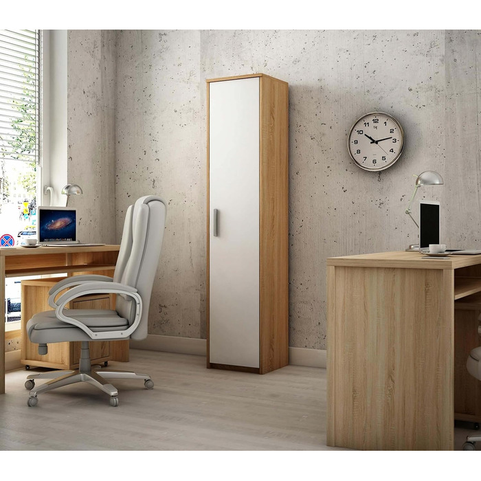 Вузька шафа MATKAM для спальні - Багатоцільова шафа Ш40 В182 Г35 см - Вузька полиця з дверима - Шафа з 4 полицями - Універсальна шафа для спальні, вітальні, офісу - Дуб Сонома/Білий Дуб Сонома Фасадна частина білого кольору