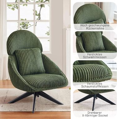 Крісло-шезлонг, крісло для вітальні, поворотне на 360, крісло з відкидною спинкою, м&39яке крісло з товстою знімною декоративною подушкою, крісло-реклайнер/крісло для читання для вітальні, спальні, офісу, зелене